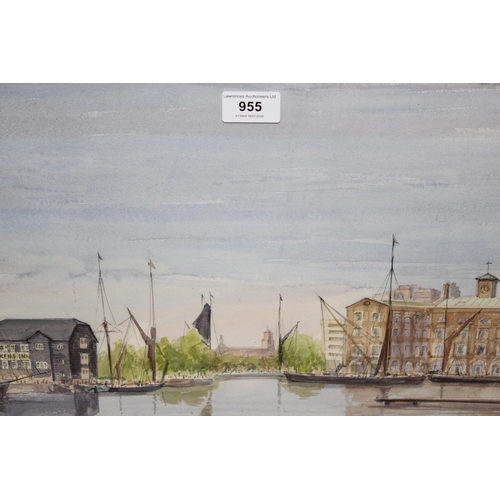 955 - Patricia Tucker, watercolour, St. Katharine's Dock, London, signed and dated 1980, 28 x 43cm, gilt f... 