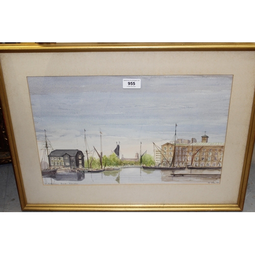 955 - Patricia Tucker, watercolour, St. Katharine's Dock, London, signed and dated 1980, 28 x 43cm, gilt f... 