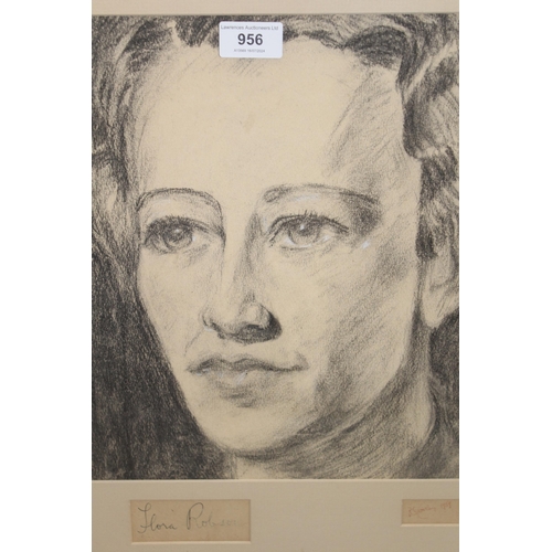 956 - Barbara Conley, charcoal sketch, portrait of Flora Robson, 31 x 26cm, gilt framed