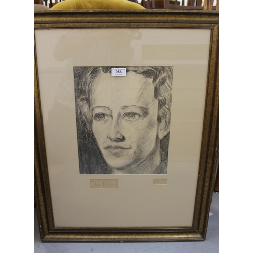 956 - Barbara Conley, charcoal sketch, portrait of Flora Robson, 31 x 26cm, gilt framed