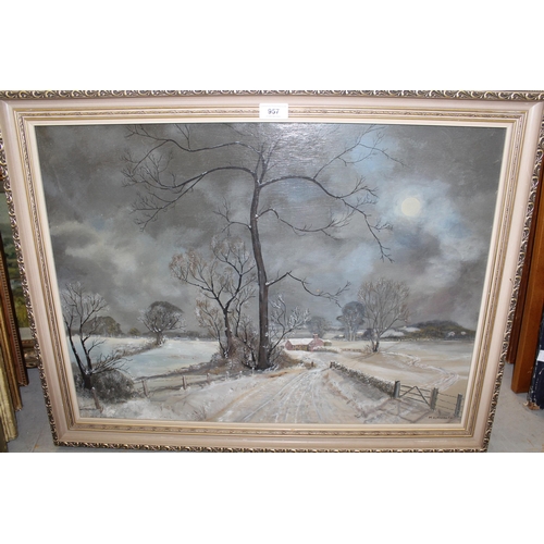 957 - M. Komedera, oil on board, winter landscape, signed, 48 x 65cm, framed, together with two pictures o... 