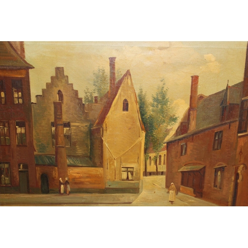 959 - Continental oil on canvas, street scene with figures possibly Dutch, indistinctly signed, in a swept... 