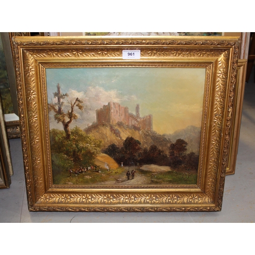 961 - 19th Century oil on canvas, encampment below a ruined castle, gilt framed, 28 x 35cm