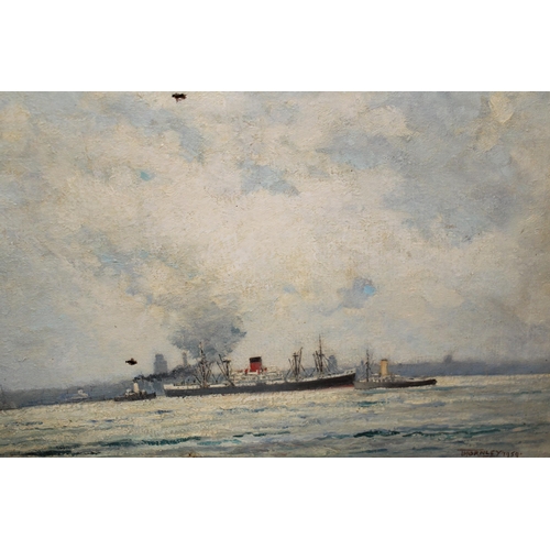 962 - Oil on canvas, ' Leaving the Mersey ' with various tugs (at fault), gilt framed, signed Thornley, da... 