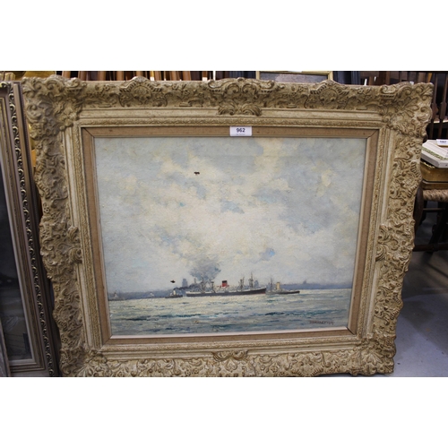 962 - Oil on canvas, ' Leaving the Mersey ' with various tugs (at fault), gilt framed, signed Thornley, da... 