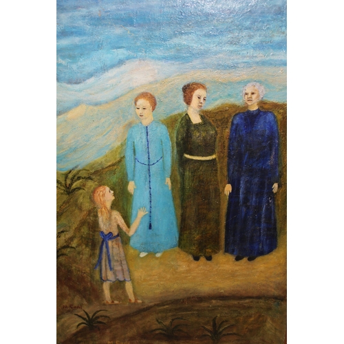 963 - 20th Century naive school oil painting on canvas, young girl in conversation with elders, indistinct... 