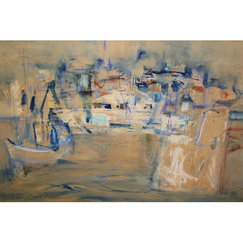 965 - Impressionist mixed media on paper, boats in a harbour, signed ' Campbell ', 50 x 75cm