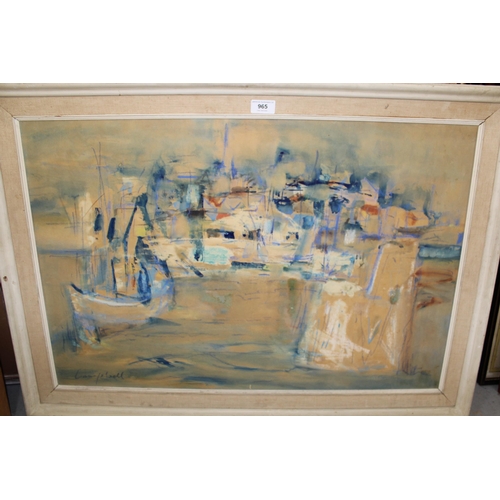 965 - Impressionist mixed media on paper, boats in a harbour, signed ' Campbell ', 50 x 75cm