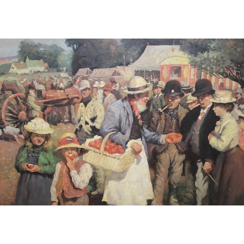 966 - Late 20th Century oil on canvas board, in the style of Alfred Munnings, crowded fair scene with appl... 