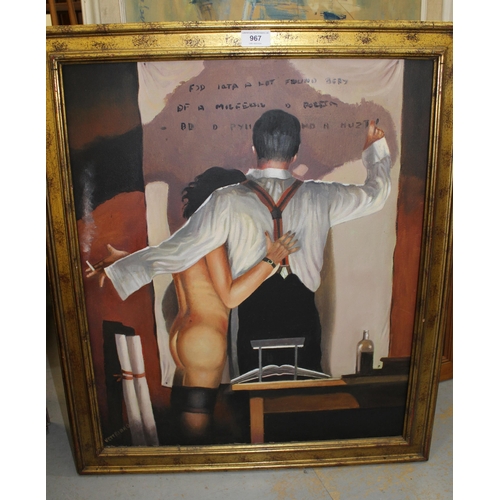 967 - Late 20th Century oil on canvas, figures in an interior, in the style of Jack Vettriano, gilt framed... 