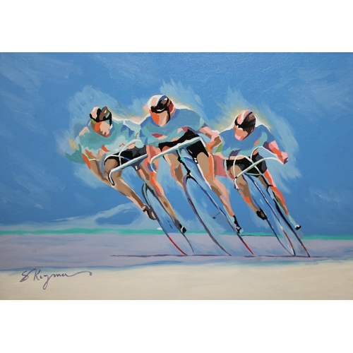 968 - Late 20th Century oil on canvas, study of cyclists, indistinctly signed, gilt framed, 39 x 59cm