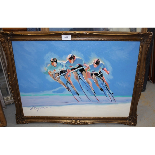 968 - Late 20th Century oil on canvas, study of cyclists, indistinctly signed, gilt framed, 39 x 59cm