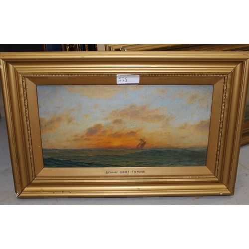 975 - Frederick William Meyer, group of five oil paintings on board, ' Sunrise on the North Sea ', ' Storm... 