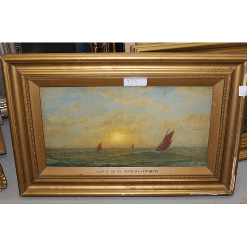 975 - Frederick William Meyer, group of five oil paintings on board, ' Sunrise on the North Sea ', ' Storm... 