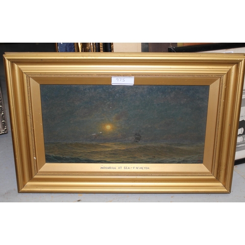 975 - Frederick William Meyer, group of five oil paintings on board, ' Sunrise on the North Sea ', ' Storm... 