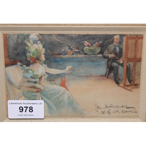 978 - Watercolour, figures in an artist's studio, signed indistinctly and dated 1900, 9 x 14cm, framed