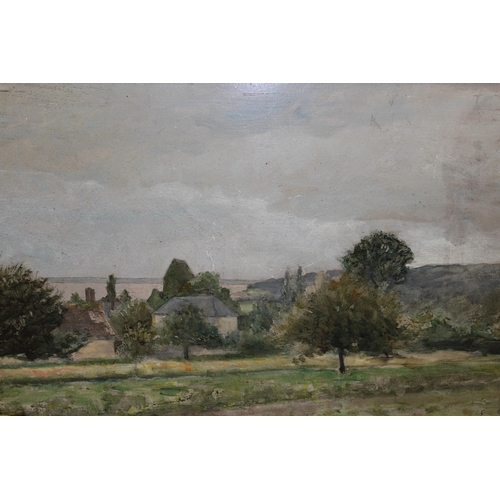 980 - E. Pollecot, 20th Century oil on panel, farm buildings in a landscape, signed, 20 x 36cm, gilt frame... 