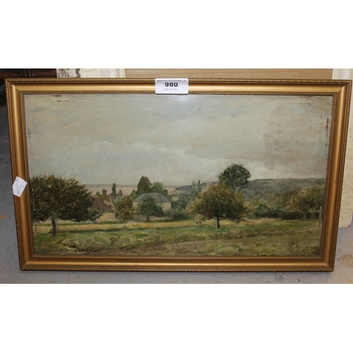 980 - E. Pollecot, 20th Century oil on panel, farm buildings in a landscape, signed, 20 x 36cm, gilt frame... 