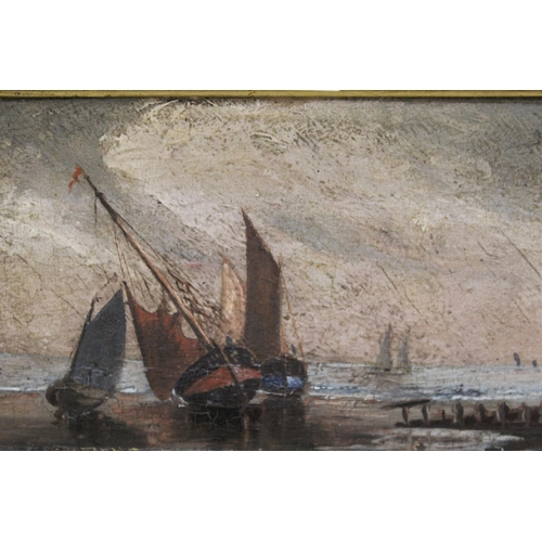 981 - Small oil on board, beached fishing vessels, 11 x 18cm, housed in an ebonised moulded frame