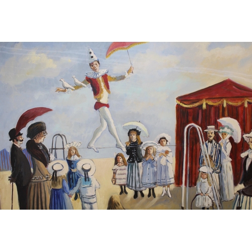 982 - John Ash, oil on canvas, beach scene with trapeze artist, signed Ash, 76 x 91cm, unframed