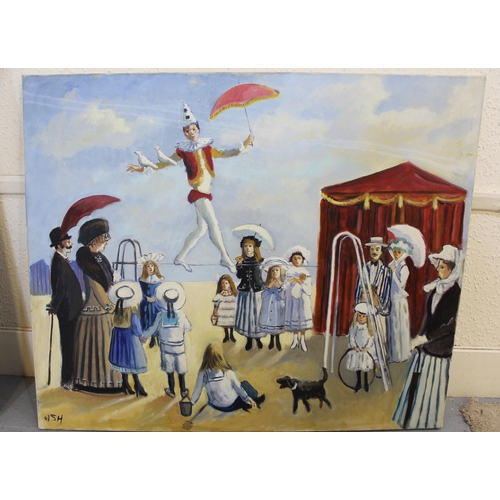 982 - John Ash, oil on canvas, beach scene with trapeze artist, signed Ash, 76 x 91cm, unframed