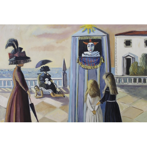 983 - John Ash, oil on canvas, figures on a promenade with children watching an entertainer, signed, 76 x ... 