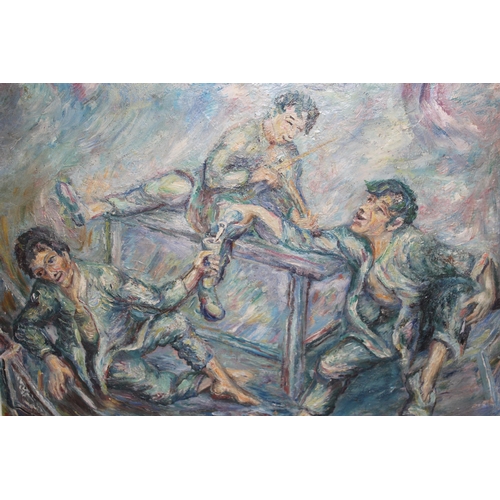 986 - 20th Century oil on canvas applied to board, figures in merriment, 43 x 50cm, framed