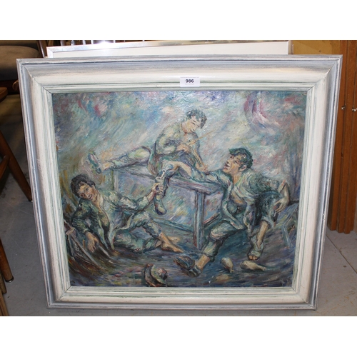 986 - 20th Century oil on canvas applied to board, figures in merriment, 43 x 50cm, framed