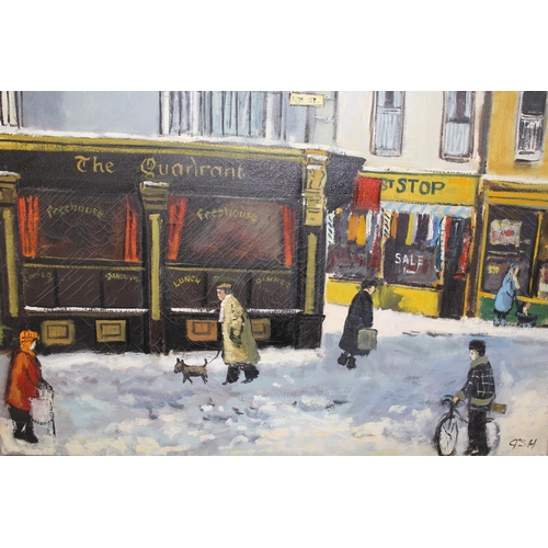 988 - John Ash, oil on canvas, street scene with figures before The Quadrant public house, signed, 61 x 71... 