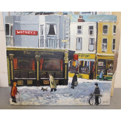 988 - John Ash, oil on canvas, street scene with figures before The Quadrant public house, signed, 61 x 71... 