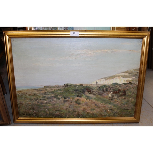 991 - W.J. Laidlay, two oil paintings on canvas, coastal scenes with figures and boats, signed, 39 x 54cm ... 