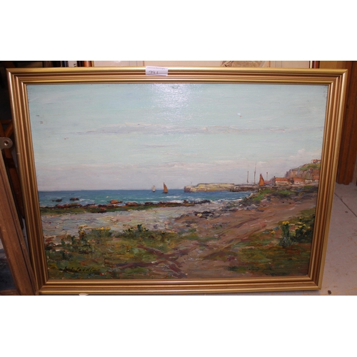 991 - W.J. Laidlay, two oil paintings on canvas, coastal scenes with figures and boats, signed, 39 x 54cm ... 