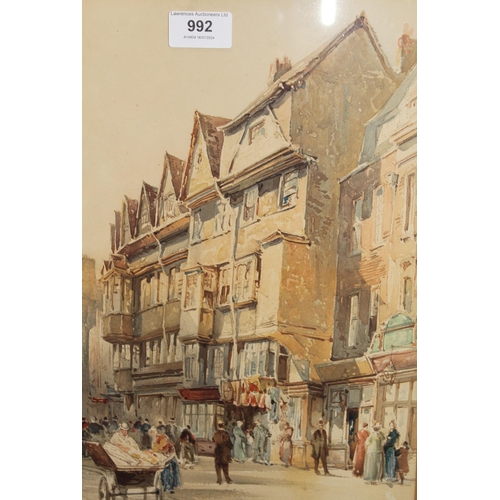 992 - Three aquatints, street scenes by Ernest George, inscribed ' Wych Street 1886 ', 34 x 24cm