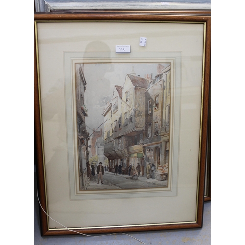 992 - Three aquatints, street scenes by Ernest George, inscribed ' Wych Street 1886 ', 34 x 24cm