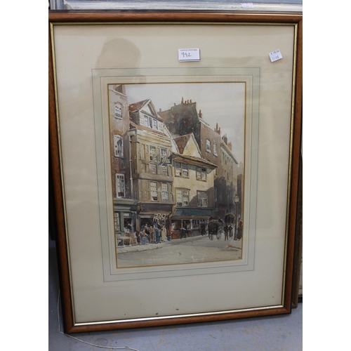 992 - Three aquatints, street scenes by Ernest George, inscribed ' Wych Street 1886 ', 34 x 24cm