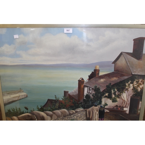 997 - B.M. Dobson, oil on canvas, view over Clovelly Bay, signed, dated 1913, gilt framed, 54 x 75cm