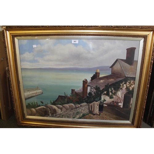 997 - B.M. Dobson, oil on canvas, view over Clovelly Bay, signed, dated 1913, gilt framed, 54 x 75cm