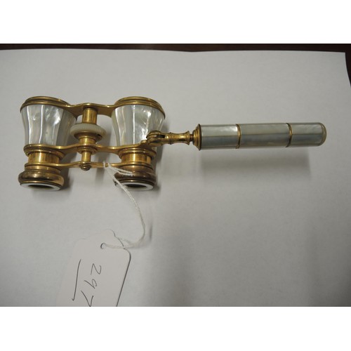 297 - Pair of gilt brass mother of pearl mounted opera glasses with telescopic handle and leather case