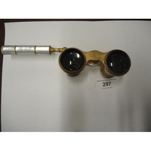 297 - Pair of gilt brass mother of pearl mounted opera glasses with telescopic handle and leather case