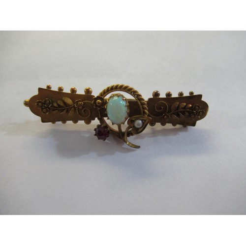 797 - Victorian 15ct gold opal, ruby and seed pearl set bar brooch, 3.8g