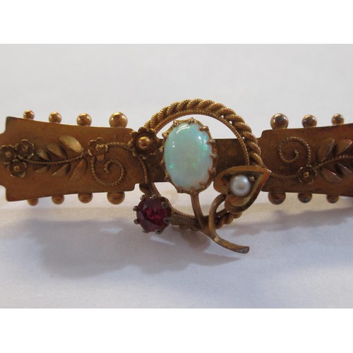 797 - Victorian 15ct gold opal, ruby and seed pearl set bar brooch, 3.8g