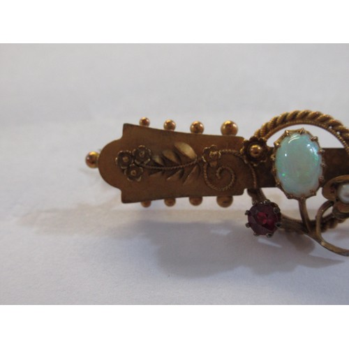 797 - Victorian 15ct gold opal, ruby and seed pearl set bar brooch, 3.8g