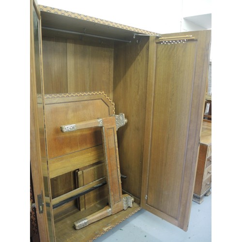 1517 - Unusual Art Deco marquetry and silvered relief bedroom suite comprising:  three door wardrobe, two d... 