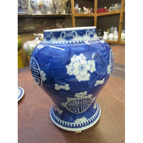 492 - Pair of Chinese blue and white prunus blossom decorated baluster form vases with covers, 36cm high