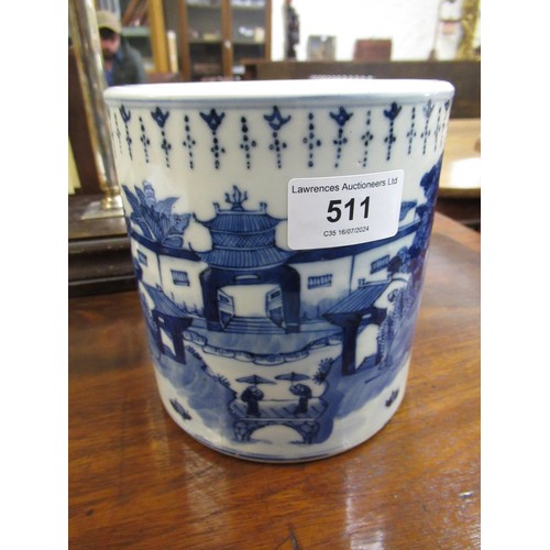 511 - Chinese ceramic brush pot, blue and white decorated with a river landscape, 14cm high, 13cm diameter