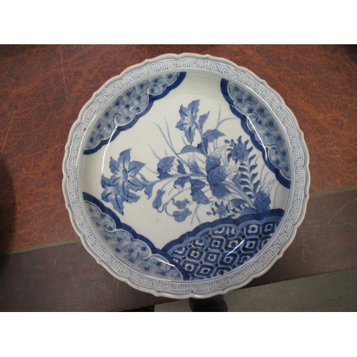 570 - Japanese circular charger blue and white decorated with bamboo and flowers, 31cm diameter, together ... 