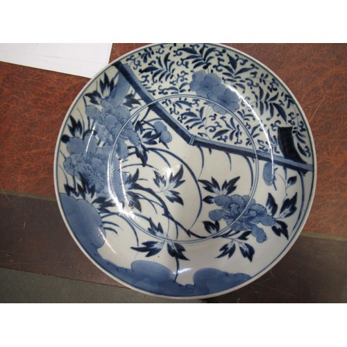 570 - Japanese circular charger blue and white decorated with bamboo and flowers, 31cm diameter, together ... 