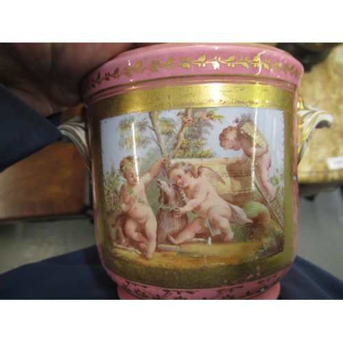 508 - 19th Century Sevres style porcelain jardiniere painted with panels of flowers and cherubs on pink gr... 