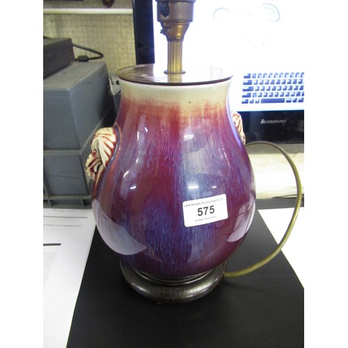 575 - Sung style table lamp base on purple ground with hardwood stand, 30cm high