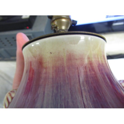 575 - Sung style table lamp base on purple ground with hardwood stand, 30cm high